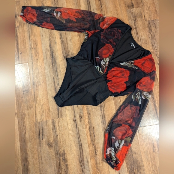 Fashion Nova Black and Red Mesh Floral Bodysuit - Picture 3 of 8